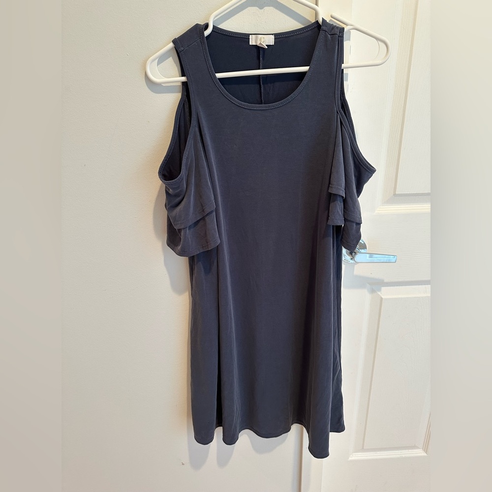 Charming charlie cold shoulder blue ruffle sleeve dress, size M